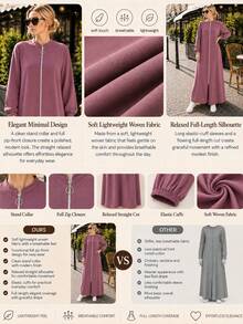 Women's Full-Length Zip Front Abaya – Stand Collar Long Sleeve Modest Maxi Dress With Elastic - Pink - View 7
