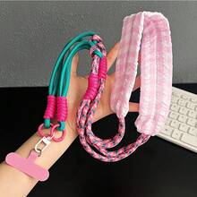 1pc Niche Design Dopamine Colorblock Cotton Fabric Multifunctional 3-In-1 Camera Strap Long Phone Lanyard Phone Chain - Multicolor - View 5