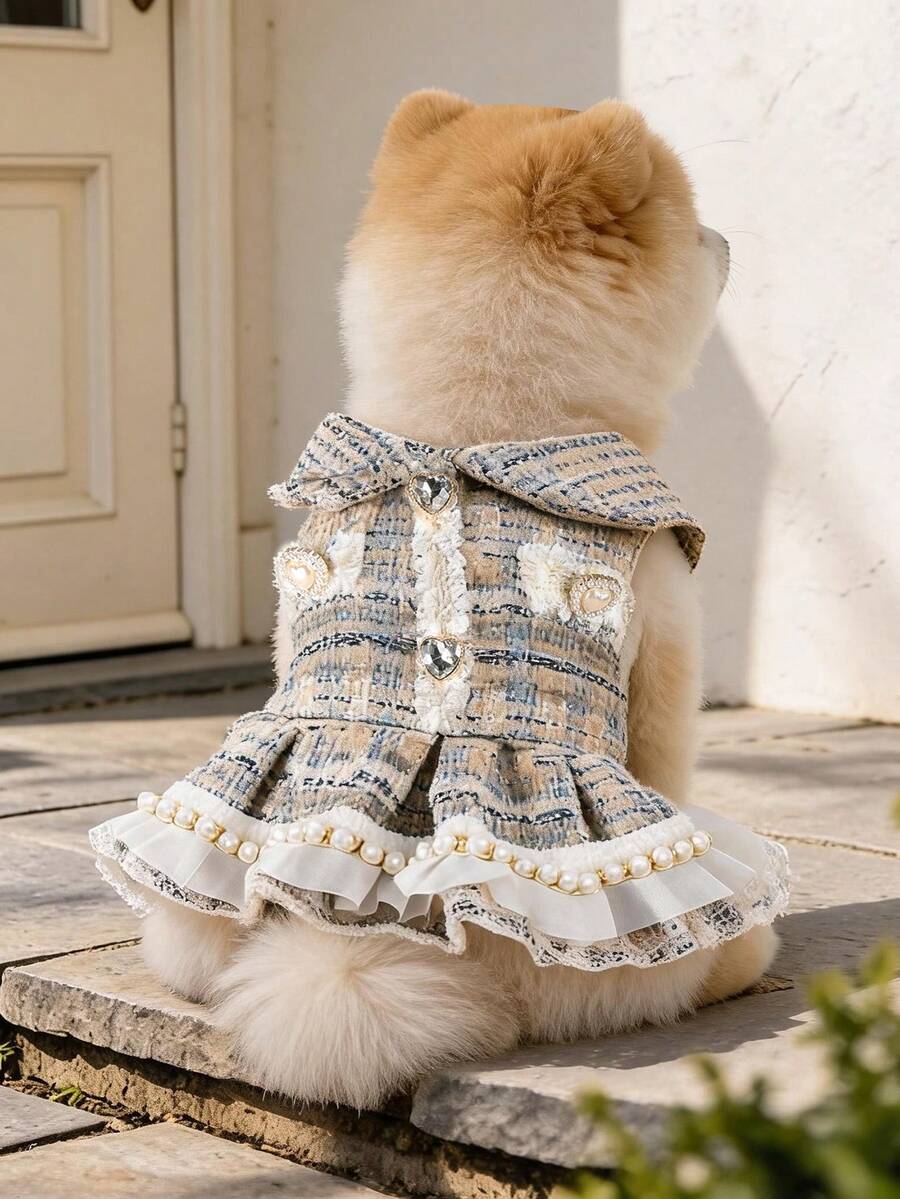 1PC 2026 New Pet Clothes For Small Dogs, Puppies And Cats, Cute Luxury Lady Style Sleeveless Collar Design Tweed -Inspired Dress - Multicolor - View 1