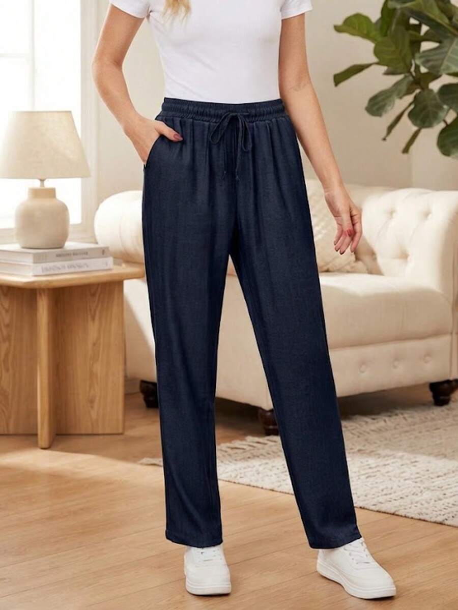 Navy Blue Slim Fit Casual Pants With Elastic Waistband, Drawstring, Pockets, Quality Fabric, Versatile For Spring/Summer - Navy Blue - View 1