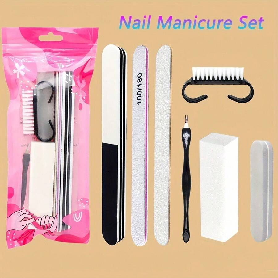 5/6/7pcs Multi-Function Black/Gray/Pink Nail Tool Set Including Nail File, Polishing Buffer, Nail Cleaning Brush And Sponge, Complete And Reusable Nail Care Product For Professionals/Individuals/Salons - Multicolor - View 1