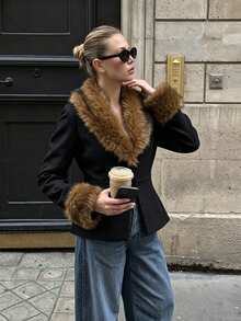 Faux Fur Collar & Cuff Trim Wool Blend Jacket, Single-Breasted Slim Fit Cropped Women's Coat - Black - View 1