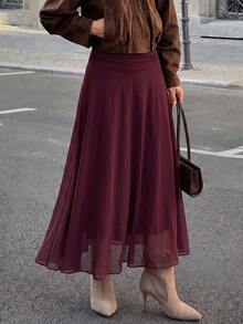 Yepolly-Pop Women's Spring/Summer High Waist Ruched A-Line Flowy Maxi Skirt, Olive Green, Paris Street Style, Back To School Elegant Outfit - Red - View 2