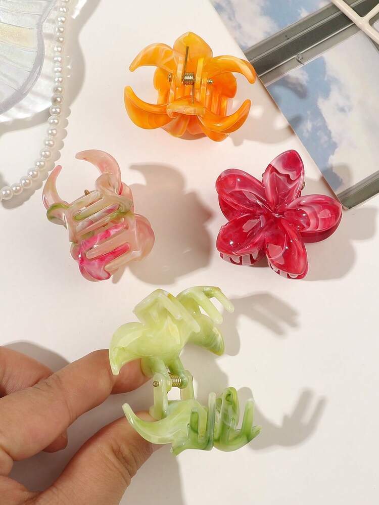 4pcs Fresh Marble Pattern Tie Dye Plumeria Hair Claw Clips, Orange, Dragon Fruit Red, Cyan, Sweet Vacation Vibe Side Hair Clips For Girls - Multicolor - View 7
