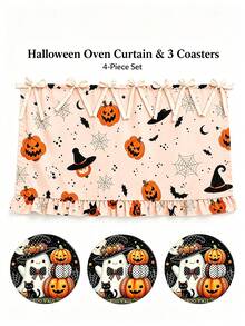Halloween Theme Oven Curtain, Printed With Ghost, Pumpkin And Black Cat Patterns; Farmhouse Style Kitchen Decor And Cabinet Accessory, Featuring Ruffle Hem And Top Tie Design, Creating A Festive Country Kitchen Atmosphere - Multicolor - View 11