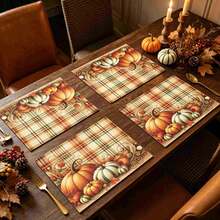 1/4/6pcs Autumn Series Plaid Pumpkin Vintage Pattern Printed Placemats, Heat-Resistant Table Mats For Home Kitchen/Kitchen Table Protection, Party Scene Decoration - Multicolor - View 4