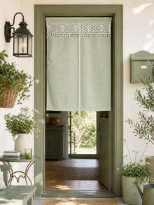 1pc Boho Style Linen Door Curtain With Lace Valance - Exquisite Floral Crocheted Lace Valance, Farmhouse Style Linen Room Divider Curtain For Bathroom Laundry Kitchen Bedroom Entrance - Green - View 7