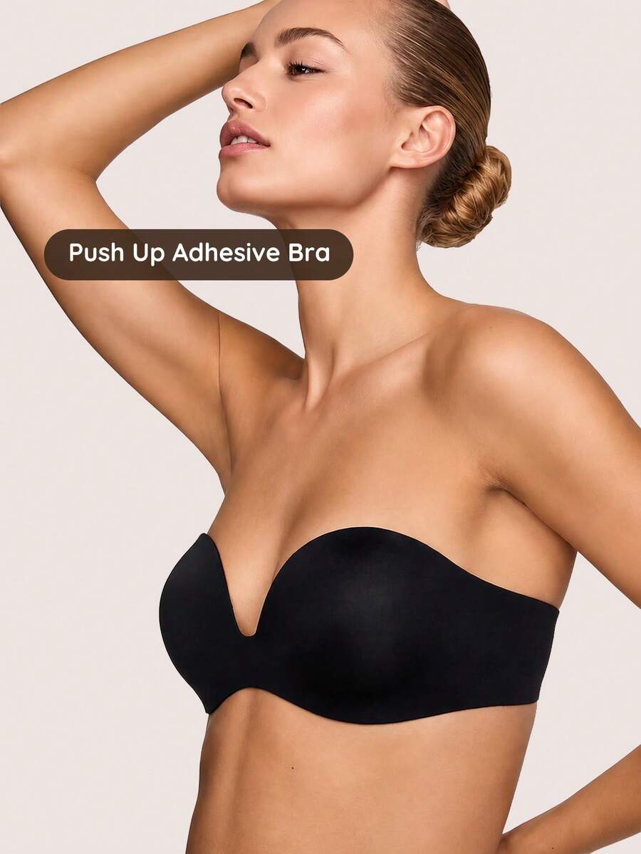 Lignisse Silicone Sticky Bra Invisible Push Up Strapless Backless Self-Adhesive Seamless Lift Gathering Deep V Plunge Bra Nipple Cover Women Intimates - Multicolor - View 1