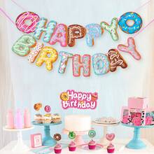 This 28-Piece Party Decoration Set Features A Donut Theme And Includes 15 Pennants, 12 Small Props, And 1 Large Prop. It Is Perfect For Decorating And Serving As A Photo Backdrop For A Dessert-Themed Birthday Party. - A - View 2
