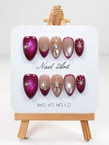 YINZIJIA 100% Handmade Short Almond Shaped False Nails, Hand Painted Rose Gold Pitaya Cat Eye Design, Golden Sunshine And Crystal Decoration, Glossy Nail Stickers Suitable For Dating And Daily Parties | Includes 1 Hand Pressed Nail File And Gel Nail Set - Multicolor - View 12