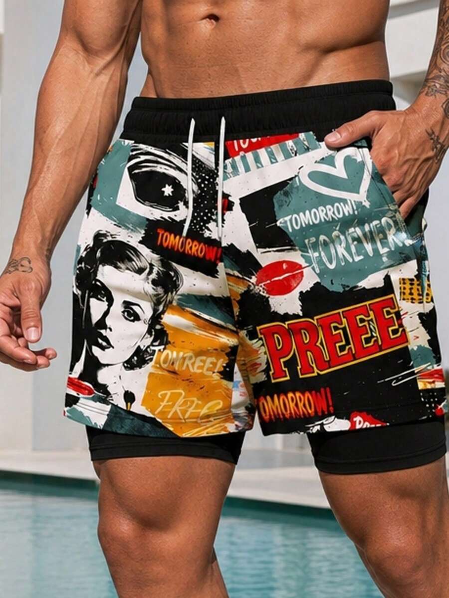 Men's Retro Poster Print Double Layer Beach Shorts - Multicolor - View 1