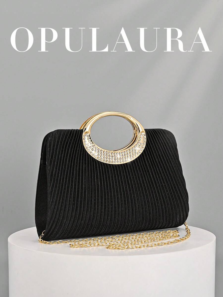 OpulAura 女士时尚闪亮水晶水钻晚宴手拿包,璀璨奢华正式礼服手提包,适合晚宴、派对、约会、鸡尾酒会、生日派对、新娘配饰 - 黑色 - 查看 1