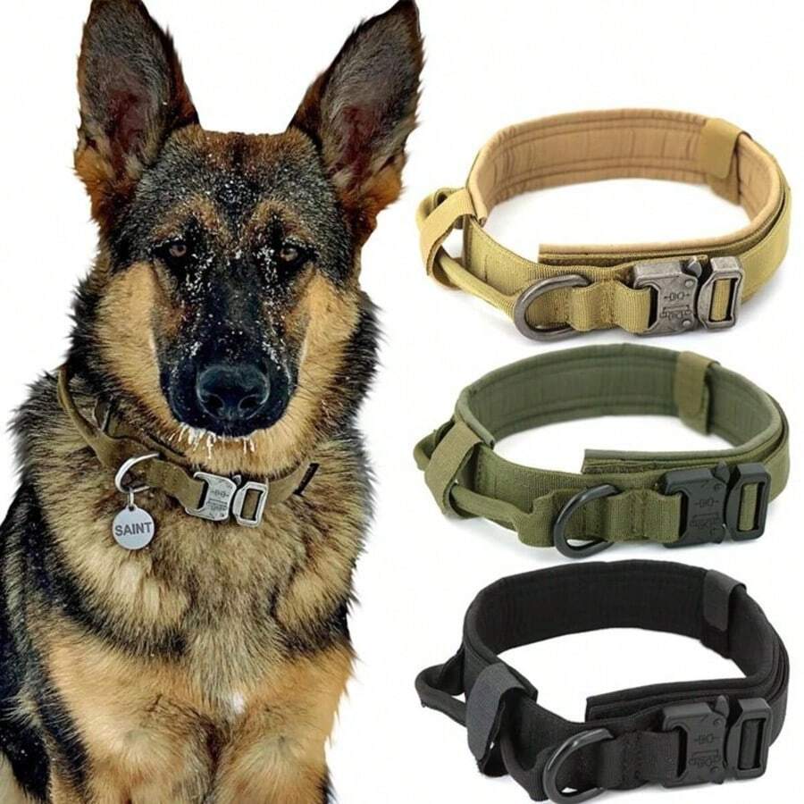 Tactical Dog Collar Heavy Duty Reflective Nylon Collar With Handle, Adjustable Thick Comfortable Pet Collar For Medium And Large Dogs, Training Walking Safety Durable Non-Slip Grip Suitable For Powerful Dogs