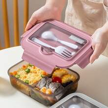 1pc Lunch Box - Pink - With Utensils, Bento Box With Spoon And Fork, Microwave Lunch Box, Insulated Bento Lunch Bag, 3-Compartment Food Storage Container Set - Multicolor - View 7