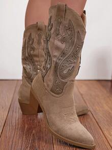 wellspring Ideal With Fall Clothes,Women's Western Style Embroidered Pointed Toe Slip-On PU Knee-High Boots, Chunky & Mid Heel, Winter Warm - Khaki - View 2