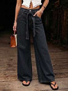 Nuevos jeans rectos con cinturón de mujer, de pierna recta, elásticos, de estilo casual en color negro para primavera - Negro - Ver 2
