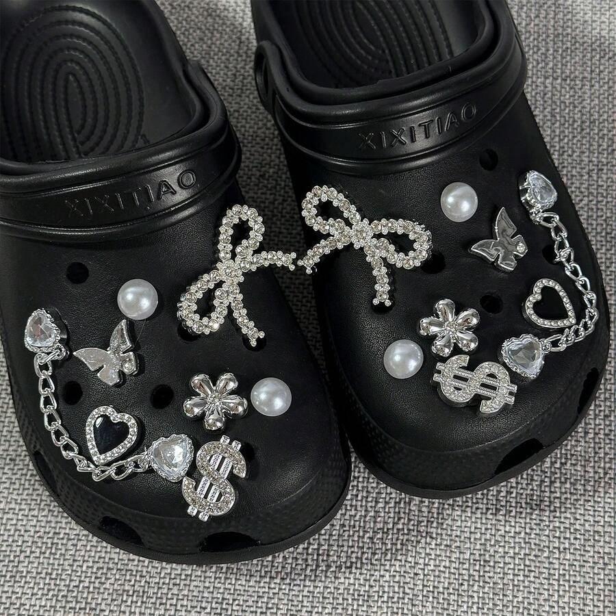 16pcs Silvery Heart Shaped Chain Shoe Charms | Bling Rhinestone Bow-Knot Dollar Shoes Decorations, Diy Removable Artificial Faux Bead Shoe Accessories - Silver - View 1
