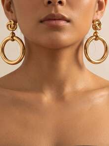 1 Pair European & American Vintage Style Gold Knot Round Hoop Earrings, Featuring Top 3D Woven Rope Knot Connected To Large Circular Pendant Design, Suitable For Daily Commute Or Party Occasions, Showcasing Elegant And Fashionable Elegant For Urban Women - Yellow Gold - View 5