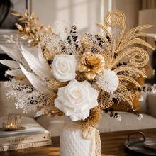 Autumn White & Gold Mixed Floral Artificial Bouquet, Gold Peony/Manta Rose Mixed Color Combination, 10pcs Set, Living Room, Bedroom, Study, Patio Atmosphere Decoration, Holiday Gift (Vase Not Included) - Gold - View 4