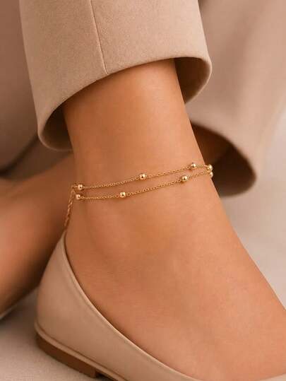 1pc Gold Bohemian Style Metal Bead Chain Anklet, Double Layer Anklet For Women, Beach Vacation, Daily Wear Jewelry