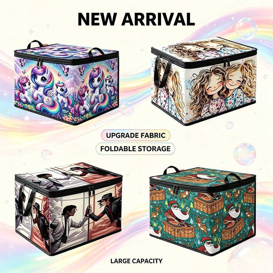 Multi-Size Multi-Pattern Cartoon Print Foldable Storage Box With Zipper Handle, Upgraded Fabric Large Capacity Organizer Bin For Wardrobe, Dorm, Underbed, Clothes, Bedding, Toys, Miscellaneous Items, Home Moving And Organization - Multi-color - View 1