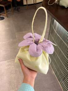 小眾設計刺繡蝴蝶結花卉水桶包 時尚極簡女款單肩包 新中式百搭通勤、出遊、購物肩背包 - Butter Yellow - 查看 3