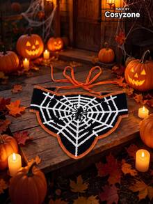 1pc Handmade Crochet Halloween Triangle Bandana With Spooky Spider Web Pattern, Versatile Tie Hair Accessory For Daily & Party - Black and White Spider Web - View 3