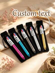 Customizable Retractable Ballpoint Pen Set With Pen Pouch, Laser Engraved Text, Replaceable 4-Color Ink Refills, Smooth Writing, Perfect For Office, Colleagues, School Supplies, And Back-To-School Gifts For Students And Teachers - Sets - View 1
