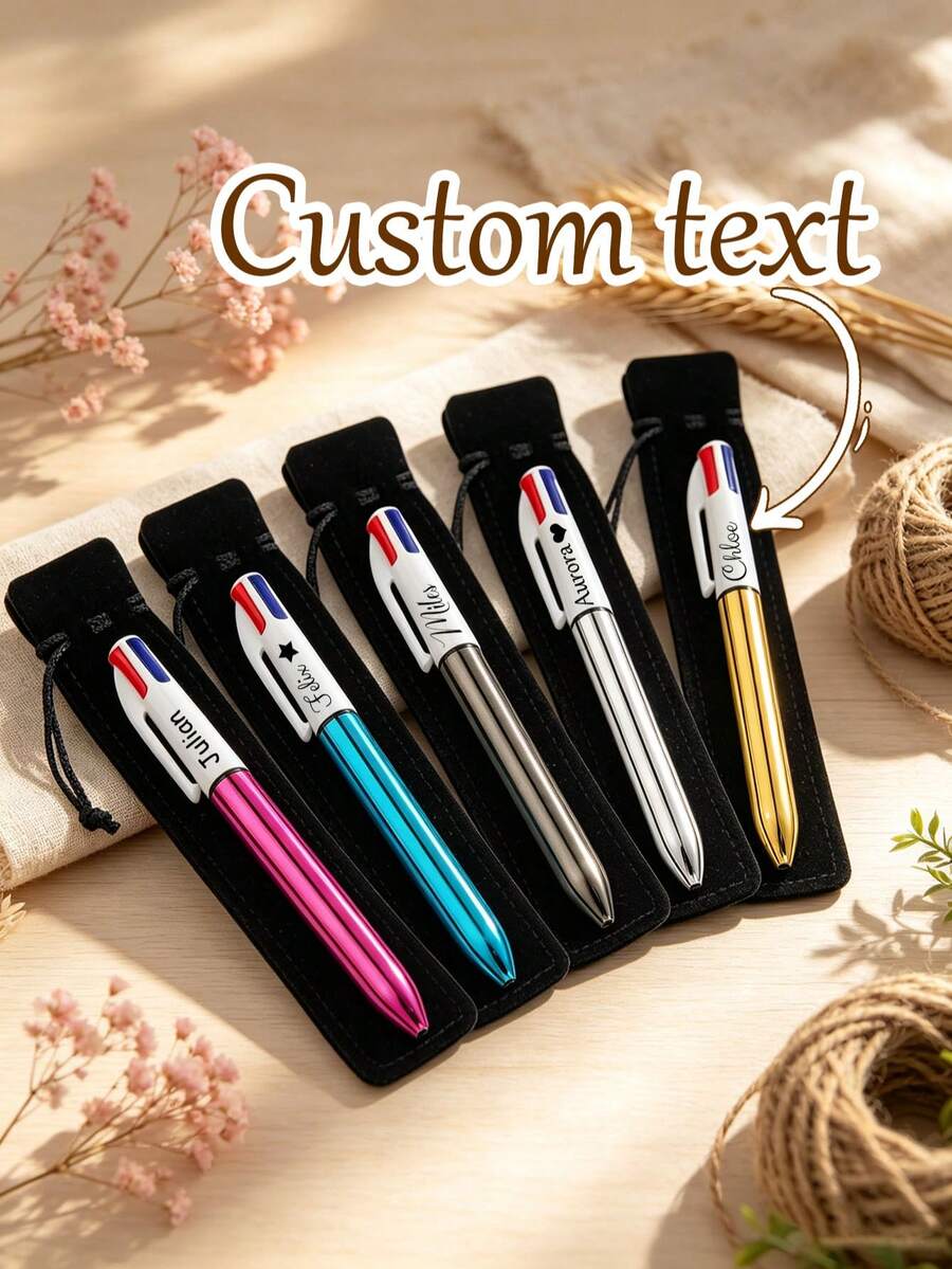 Customizable Retractable Ballpoint Pen Set With Pen Pouch, Laser Engraved Text, Replaceable 4-Color Ink Refills, Smooth Writing, Perfect For Office, Colleagues, School Supplies, And Back-To-School Gifts For Students And Teachers - Sets - View 1