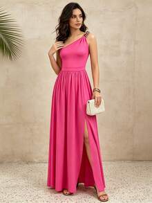 Joyfunear Women's Solid Color Elegant One-Shoulder Side Slit Hem Dress For Party Summer - Hot Pink - View 2