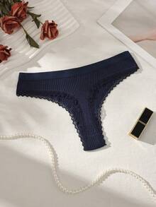3pcs Solid Color Lace Patchwork Bow Ribbed Cotton Women's Thong - Multicolor - View 4