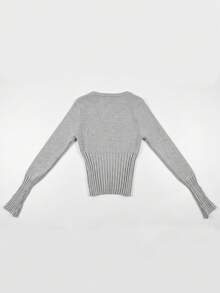 Korean Style Minimalist Sexy V-Neck Button Long Sleeve Knit Sweater Women Autumn/Winter Short Slim Fit Base Layer Top - Grey - View 7