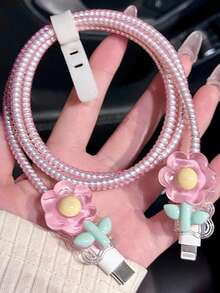 1 Set Sweet Floral Data Cable Protector Compatible With Apple 18W/20W, Ins Sweet Girl Style Data Cable Protector, Gift For Friends, Ideal Small Gift, Christmas Gift - Sheer Pink Flower - View 2