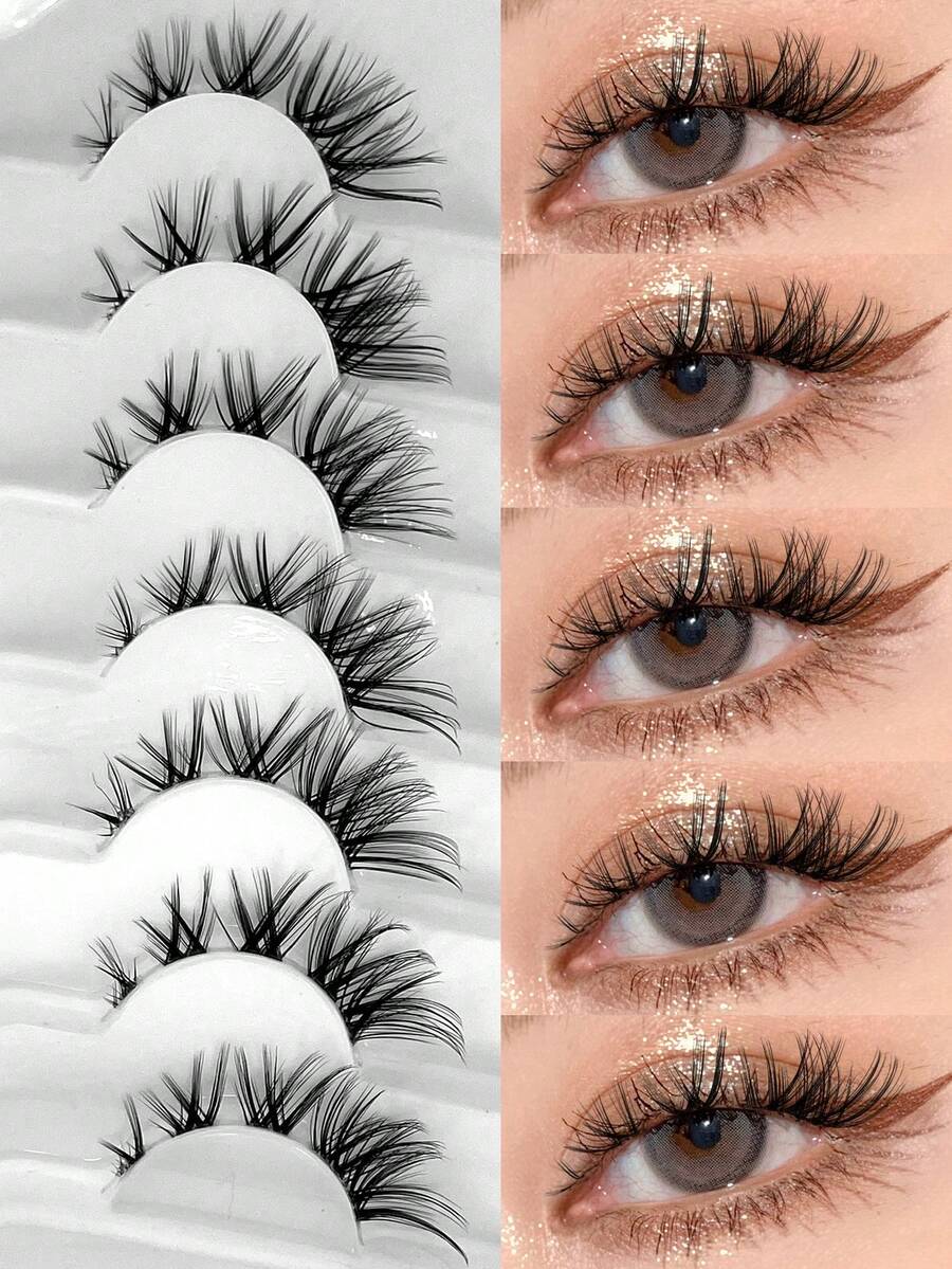 ENCHUW 7 Pairs Luxurious Fluffy Volume Dramatic Messy False Lashes Reusable, Soft, Comfortable Strip Lashes, Lashes, Eyelashes, Fake Lashes - Black - View 1