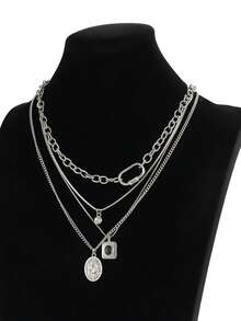 4pcs Men's Necklace Set, Silver Metal, Thick & Thin Chain Geometric Pendant Inlaid With CZ, Hip-Hop Personalized Versatile Necklace Suitable For Party & Gathering Outfits - Silver - View 2