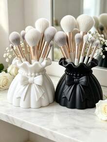 1/2pcs Elegant Bowknot Beaded Makeup Brush Holder, Ruffled Wavy Rim Cosmetic Storage Bucket, Multi-Functional Desktop Makeup Organizer, Ideal Gift For Women Home Decor - Multicolor - View 12