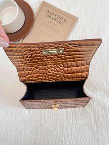 Faux Leather Solid Color Stone Texture Fashion Mini Chain Strap Patent Leather Shoulder Bag - Brown - View 6