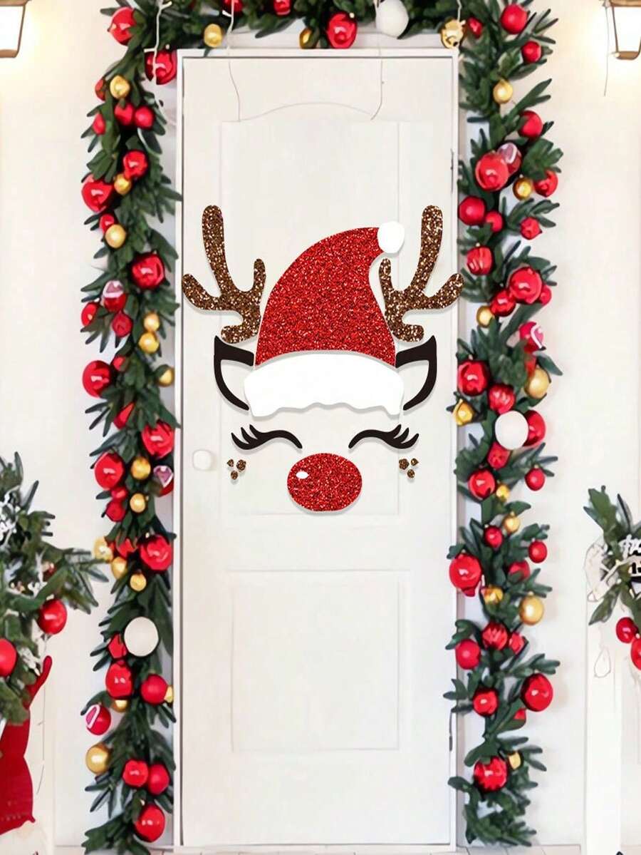 1 Set Cute Christmas Felt Door & Window Sticker Decoration Kit - Reindeer, Snowman, Santa Claus, Snowflake, Christmas Tree And "Merry Christmas" Text Design - For Holiday Home Decor, Creating Festive Atmosphere And Seasonal Celebration (Includes Adhesive Dots) - Multicolor - View 1