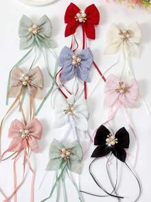 8pcs/Set Women's Multi-Color Pearl Diamond Floral Jacquard Ribbon Textured Fabric Bow Hair Clips, Side Bang Clips, Minimalist Bang Clips, Sweet Versatile Hair Accessories, Bird Beak Side Clips, Hair Ornaments, Suitable For Daily Wear - Multicolor - View 8