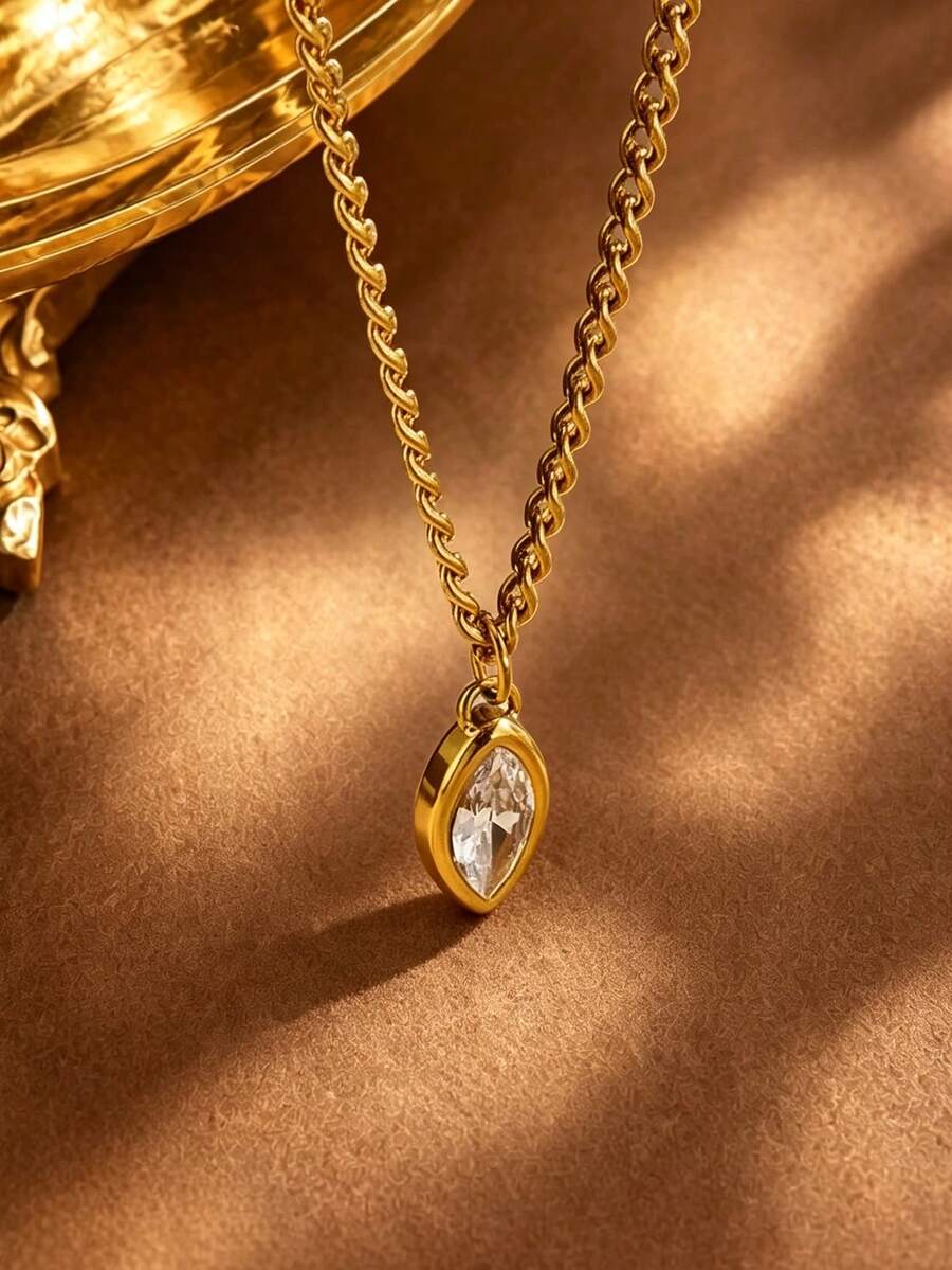 1pc Style Stainless Steel Geometric Design Pendant Necklace For Women, Suitable For Party/Gathering/Vacation Wear - Yellow Gold - View 1