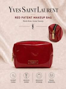 YSL Red Patent Leather Makeup Bag, 20*12cm, Single Piece, Smooth Glossy Patent Leather With Gold Zipper, Large Capacity, Suitable For Daily Outings And Short Trips - Red - View 2