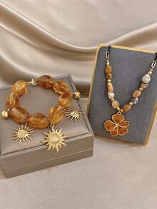 Caramel Color Flower Asymmetric Stone Chain Necklace Set For Women Sun Pendant Stainless Steel Chain For Party Birthday Autumn Winter Jewelry Gift - Multicolor - View 9