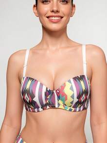 Women's Colorful Geometric Print Push Up Bra Boho Fixed Straps Deep V Balconette Sexy Y2K Lingerie - White - View 5