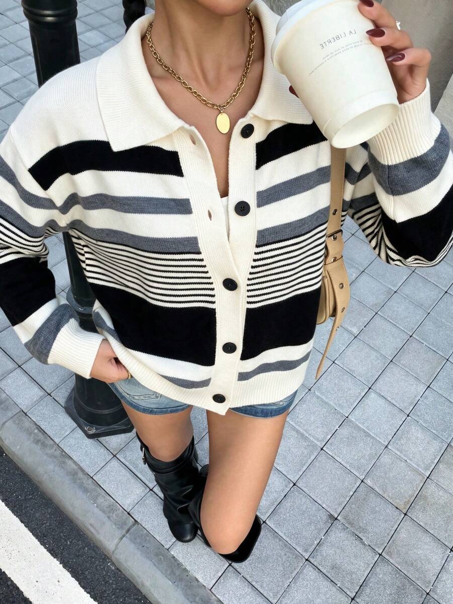 Women's Striped Knit Cardigan, Long Sleeve, Regular Fit, Lapel Collar, Ribbed Knit Detail, Suitable For Autumn/Winter Wear - White - View 1