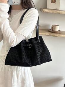 New Vintage Fashion Leopard Print Tote Bag, Metal Drawstring Decor, Lightweight Minimalist, Large Capacity Soft Texture, Commuter Casual Shoulder Bag - Black - View 3