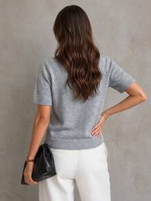 Women's Fall Winter Y2K Solid Color Short Sleeve Wool Blend Knit Top, Casual Crew Neck Sweater Pullover, Daily Commute, Women's Solid Color Top - Light Grey - View 5