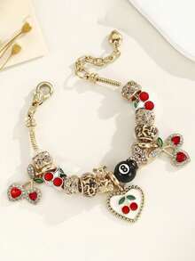 1pc Woman Leopard Print Beaded Bracelet With Heart Cherry Pendant, Adjustable And Detachable DIY String Bracelet, Holiday Gift - Multicolor - View 5