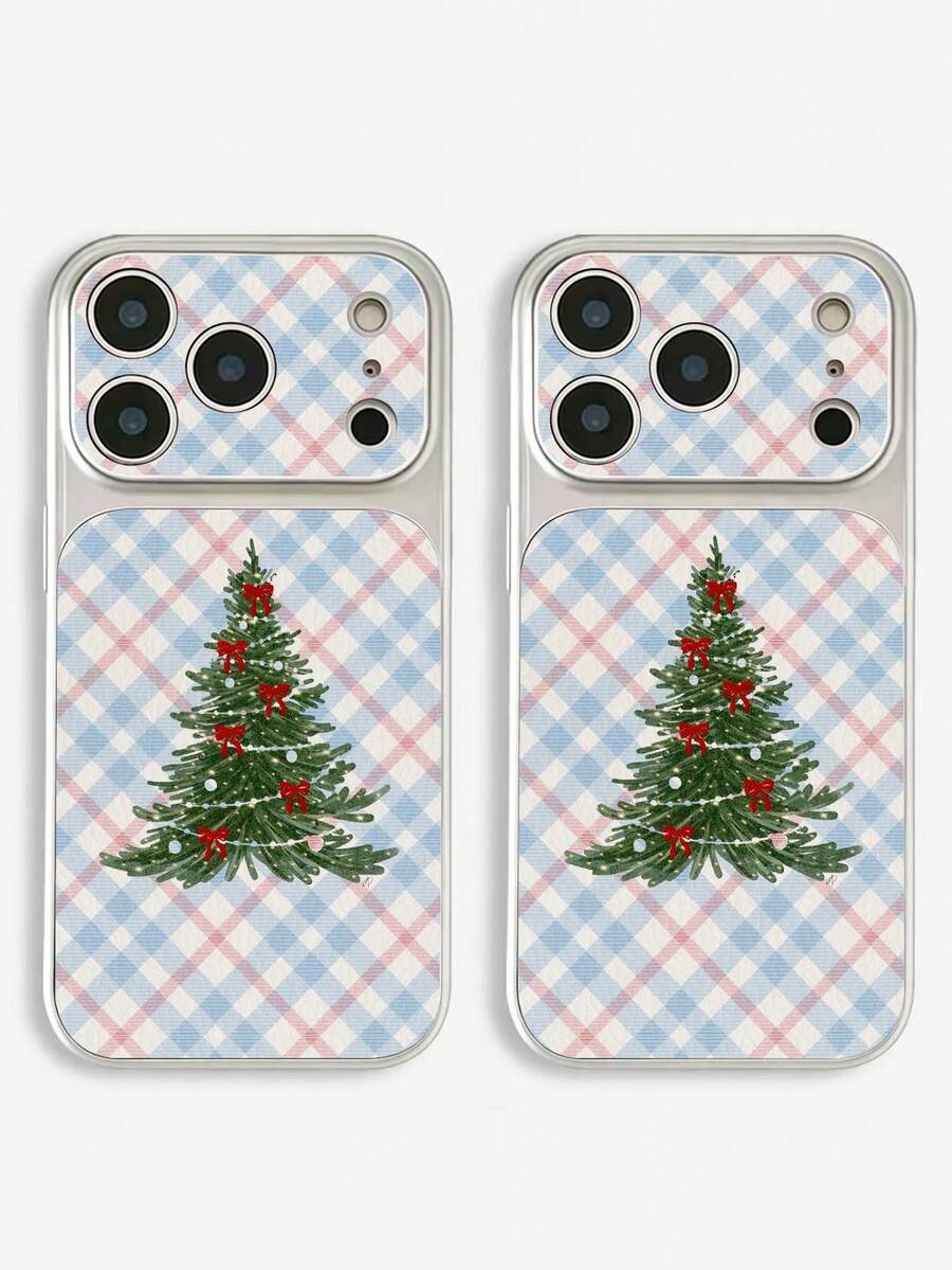 Compatible With Iphone17/17PRO/17PROMAX/17Air/16/16e/16PRO/16PROMAX/16PLUS/15/14/13/12/11/X/XS/XR Series, 1pc Fashionable Personalized Plaid Christmas Tree Pattern Full Coverage Button Classic Anti-Drop Metallic Paint Premium Texture Soft Texture PU Leather Phone Case, Suitable As Birthday Gift, Holiday Gift For Friends, Family, Couples, Yourself - Multicolor - View 1
