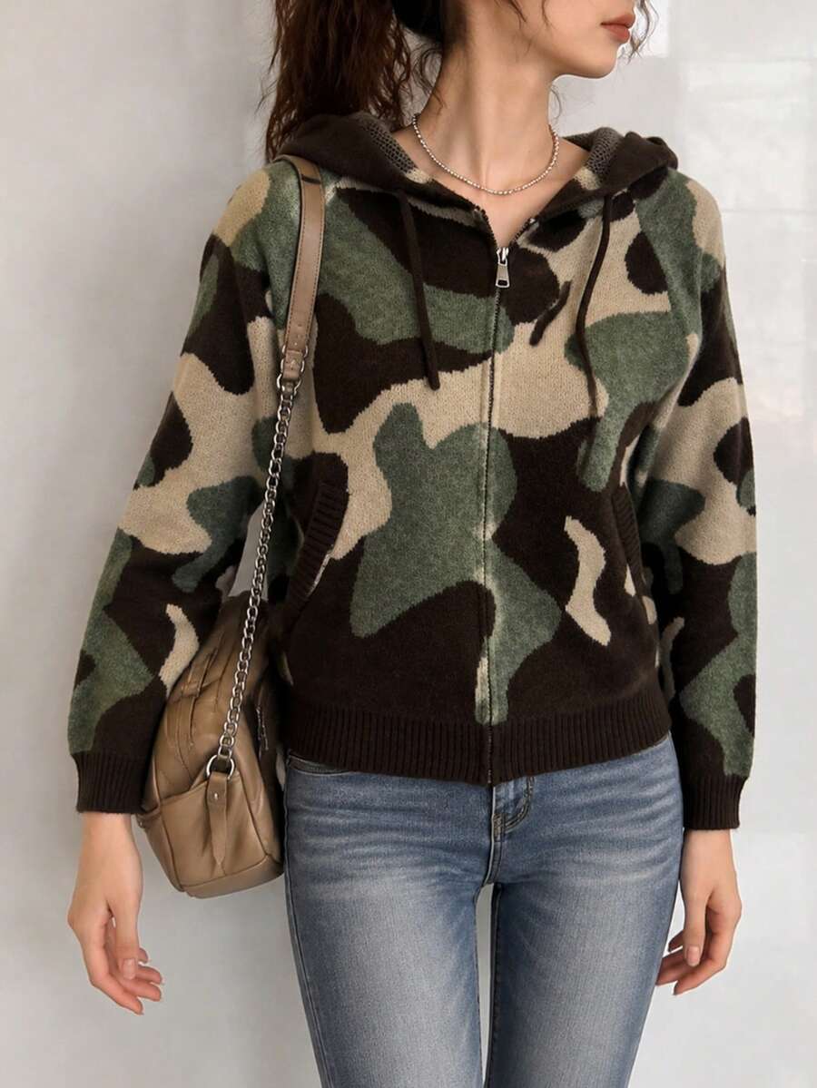 Jaket Kardigan Wanita Musim Gugur/Dingin Elegan Minimalis dengan Motif Kamuflase yang Menawan, Dilengkapi Resleting - MultiWarna - View 1