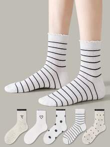ZUJO 5 Pairs Gray And White Women's Mid-Calf Socks, Bow, Polka Dot, Stripe, Heart Pattern Short Socks, Simple And Comfortable, Suitable For Spring, Autumn, Winter Wear, Random Color Shipment - Multicolor - View 5